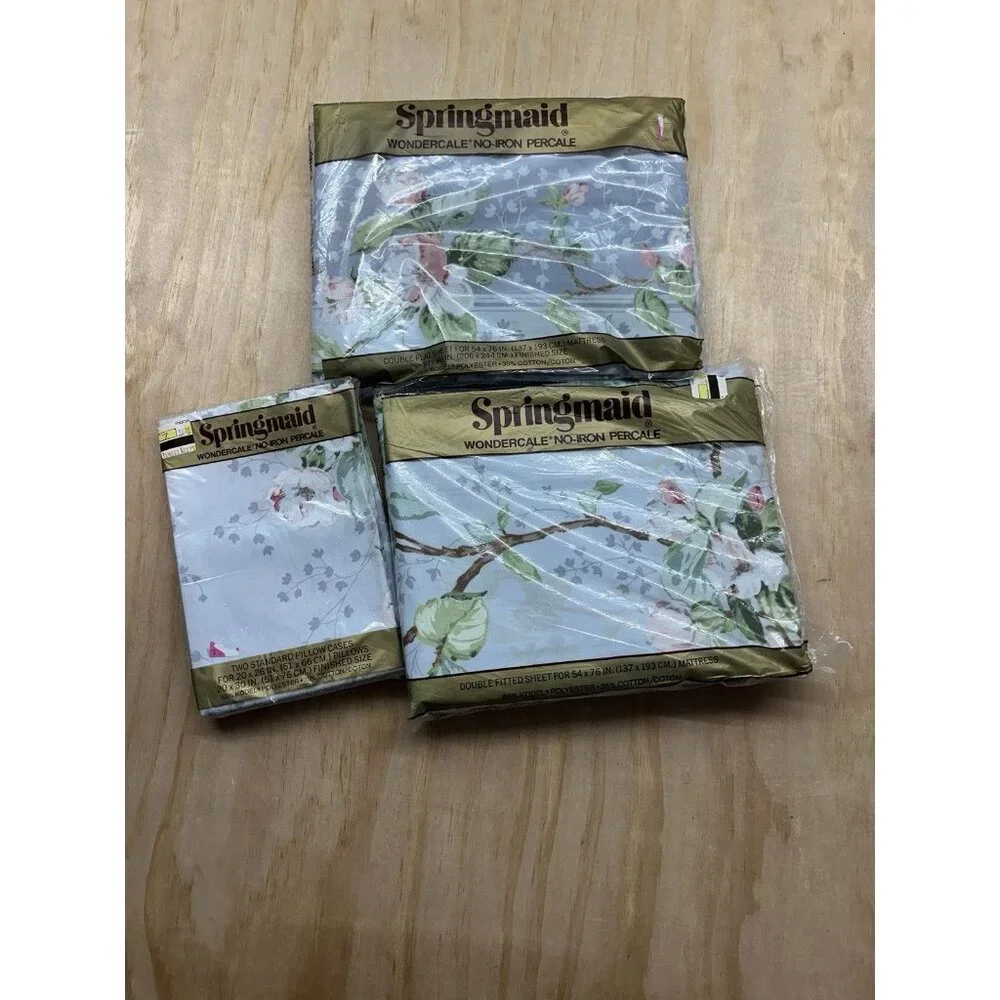 Vtg Springmaid Blue Floral Double Sheet Set Flat Fitted Pillow Cases Vintage New